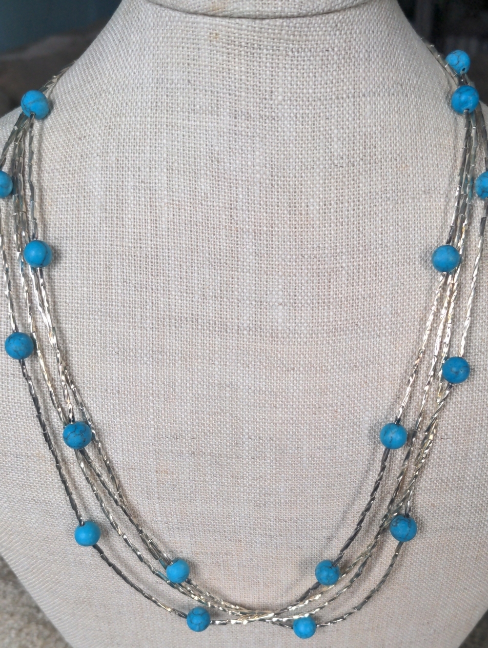 Vintage Multi-Strand Silver Necklace , Blue Turquoise Beads, 4 Strands, Toggle
